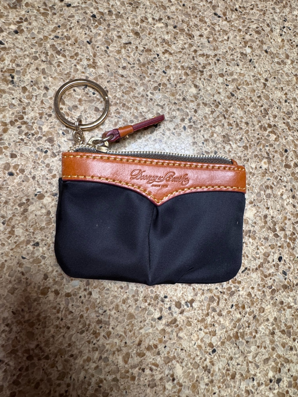 Dooney & Bourke Black Nylon Coin Pouch with Brown Leather Trim and Key Ring
